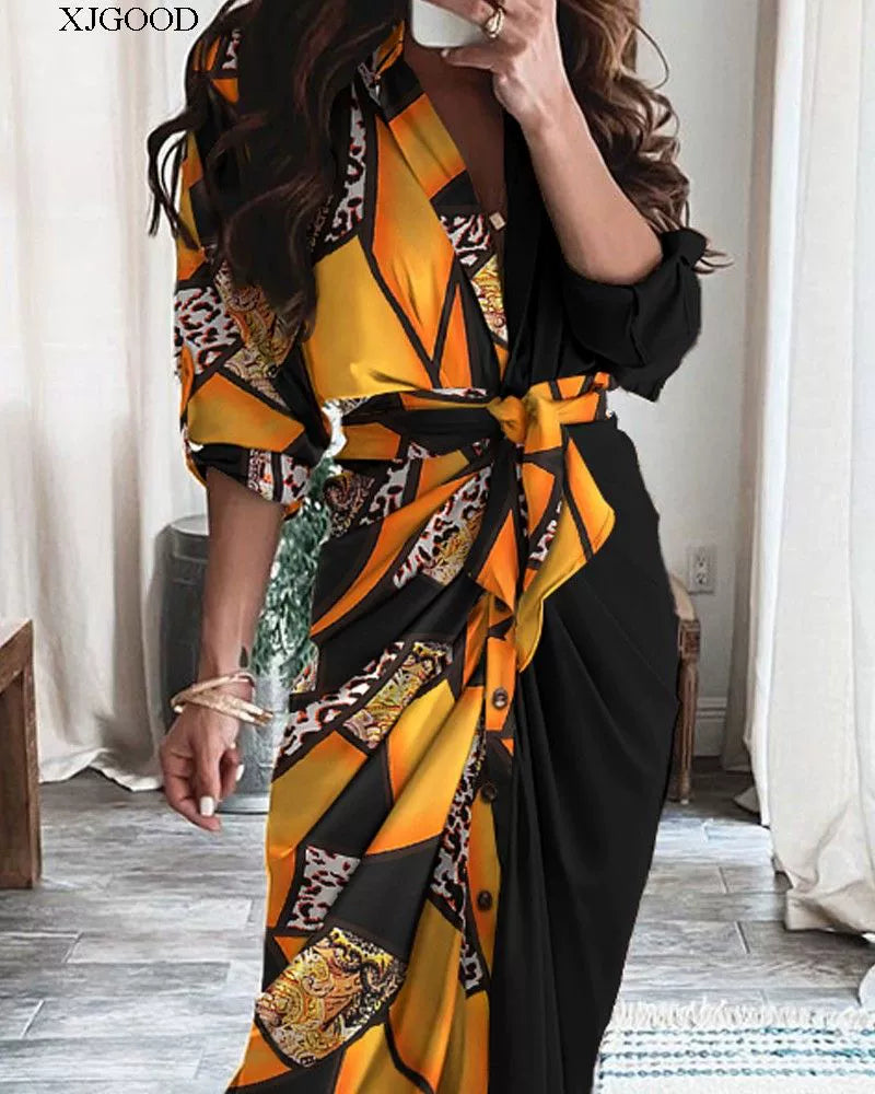 V-neck Button Print Long Dress Woman V Neck Button Printed Long Dress Female