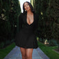 European and American Sexy Sexy Low Cut V-neck Long-Sleeve Dress Side Pleated Patchwork Design High Waist Button Cardigan A- line Skirt
