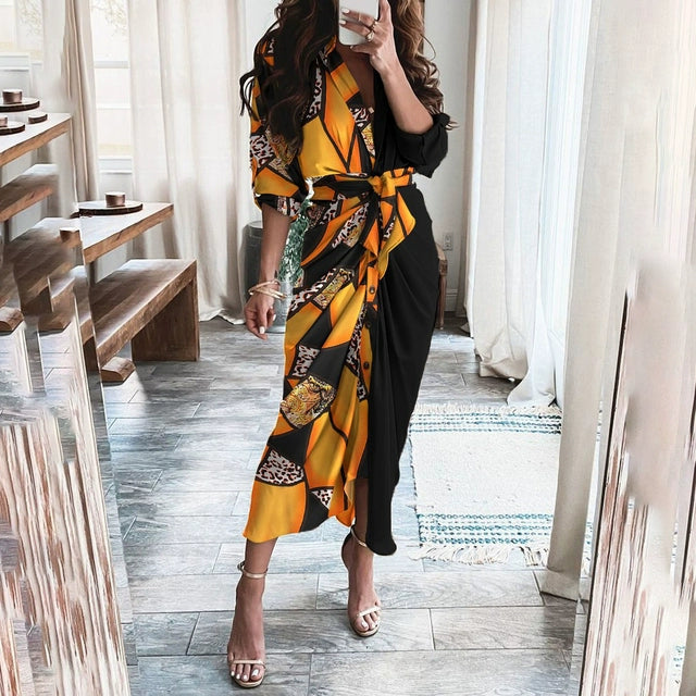 V-neck Button Print Long Dress Woman V Neck Button Printed Long Dress Female