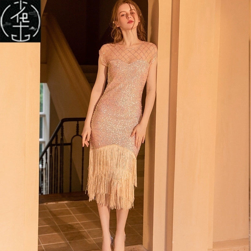 Sexy Sequin Bead Dress Host Retro Banquet Party Stage Nightclub Gatsby Tassel Dress