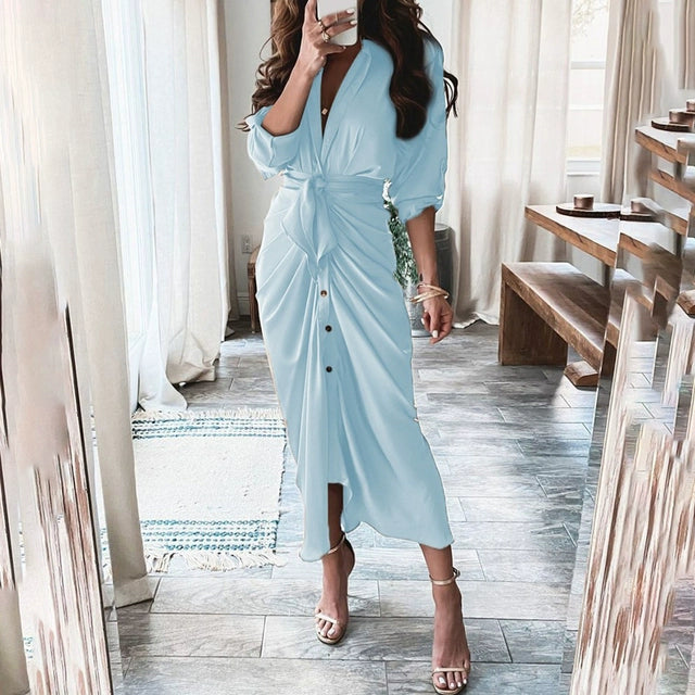 V-neck Button Print Long Dress Woman V Neck Button Printed Long Dress Female