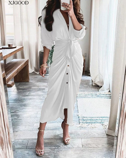 V-neck Button Print Long Dress Woman V Neck Button Printed Long Dress Female