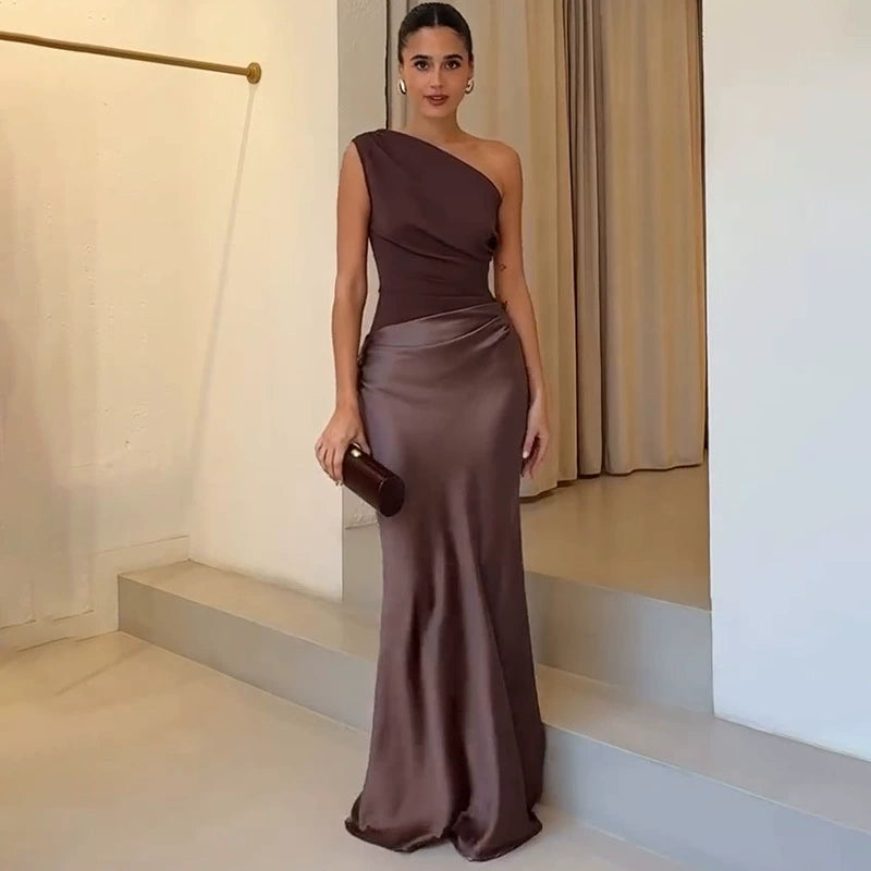 European and American New Solid Oblique Collar Sleeveless Backless Sheath Evening dress Dress Women Party Dress