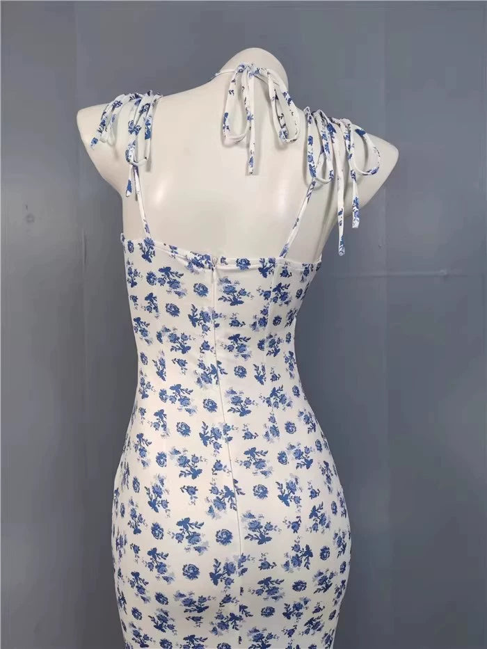 Export Pure Desire Exquisite Print Spaghetti Straps Slimming Adult Lady like Woman Fishtail Stylish Fashion Sexy Banquet Tied Dress