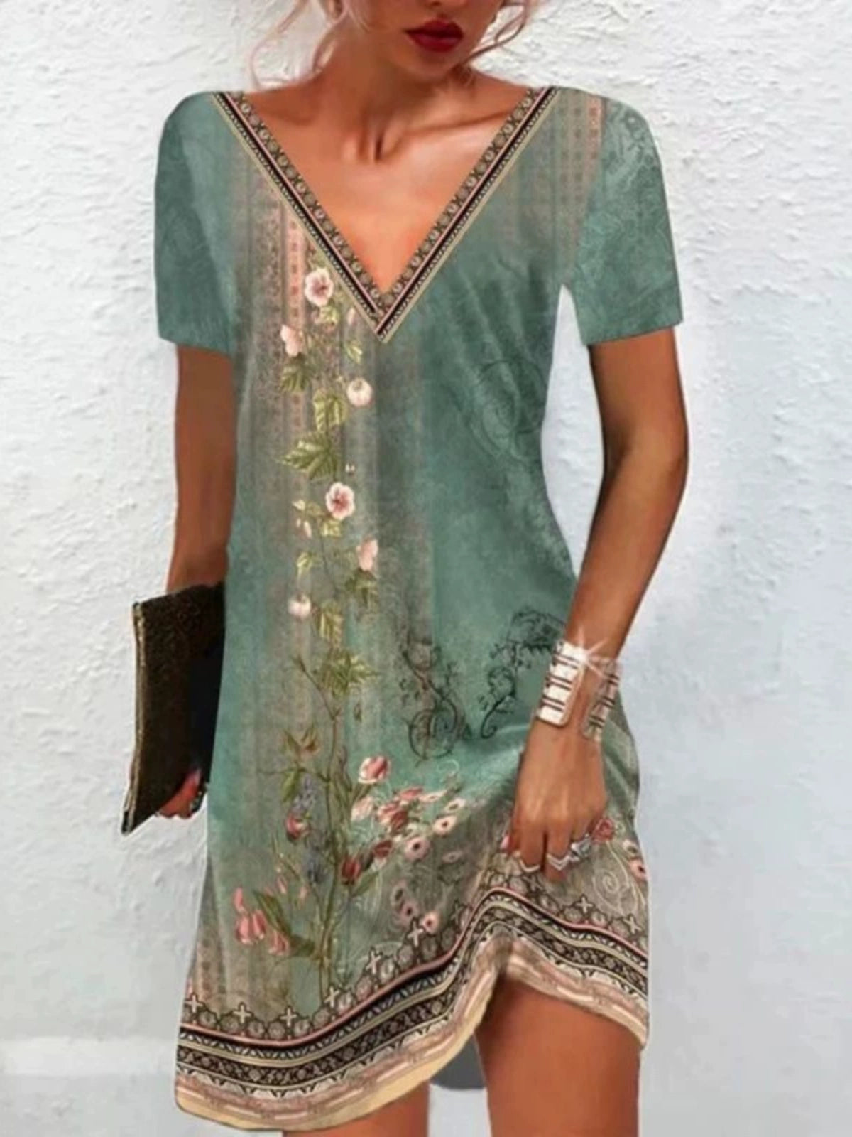 Printed V-neck Short Sleeve Women's Printed V-neck Short Sleeve Loose Dress