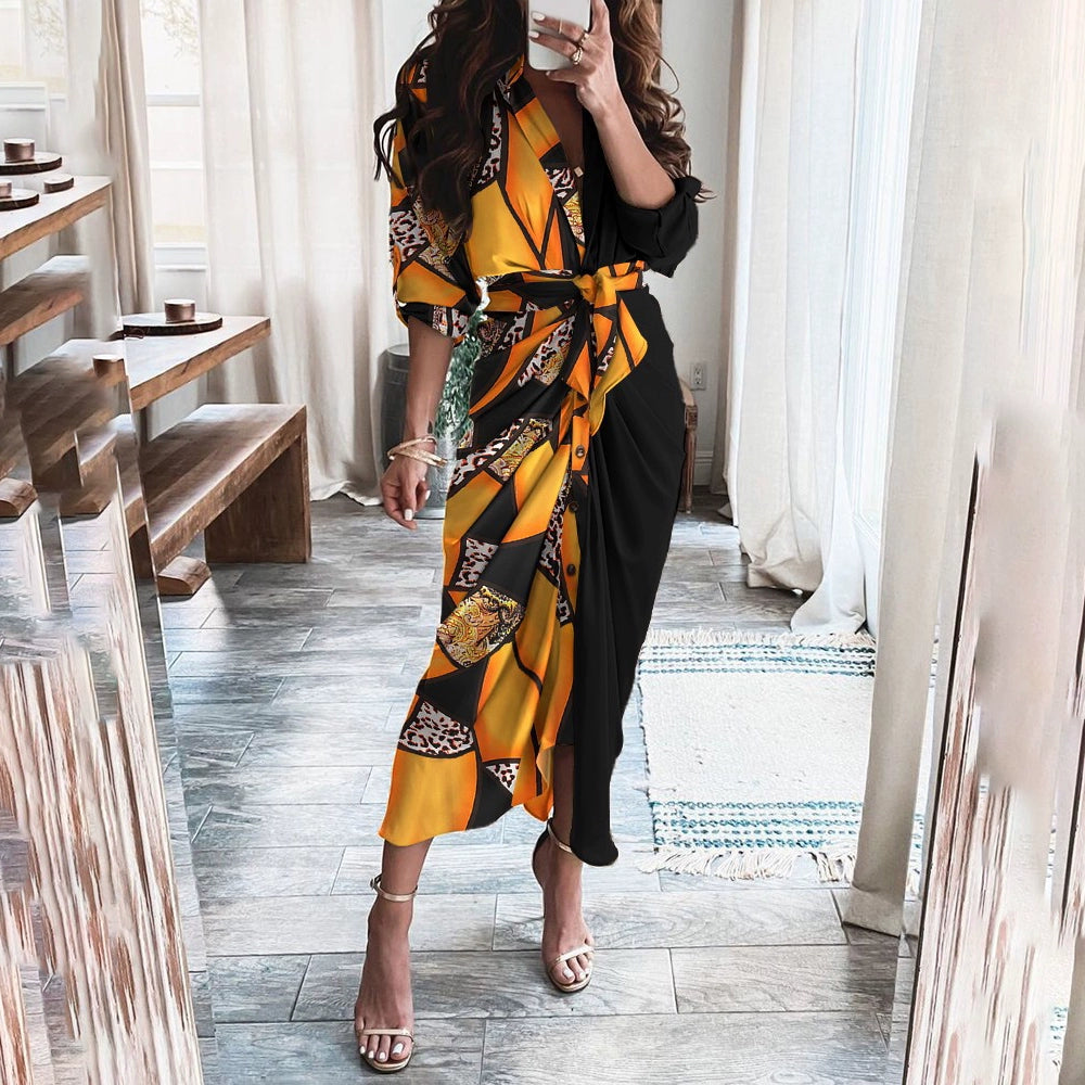 V-neck Button Print Long Dress Woman V Neck Button Printed Long Dress Female