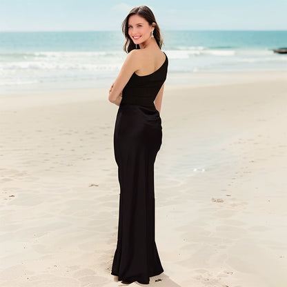 European and American New Solid Oblique Collar Sleeveless Backless Sheath Evening dress Dress Women Party Dress