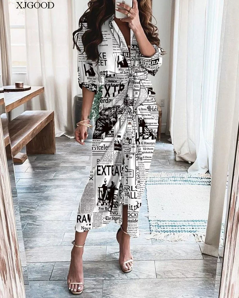 V-neck Button Print Long Dress Woman V Neck Button Printed Long Dress Female