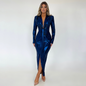 Pu Long Dress Elegant Glossy V Neck Long Sleeves Patchwork Ruffle Hip Leather Skirt Split High Waist Dress