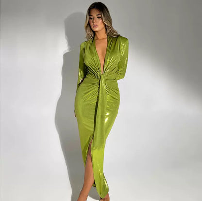 Pu Long Dress Elegant Glossy V Neck Long Sleeves Patchwork Ruffle Hip Leather Skirt Split High Waist Dress