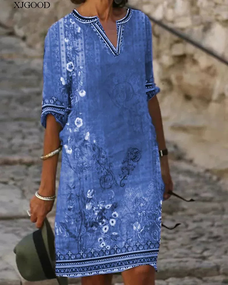 Printed V-neck Short Sleeve Women's Printed V-neck Short Sleeve Loose Dress