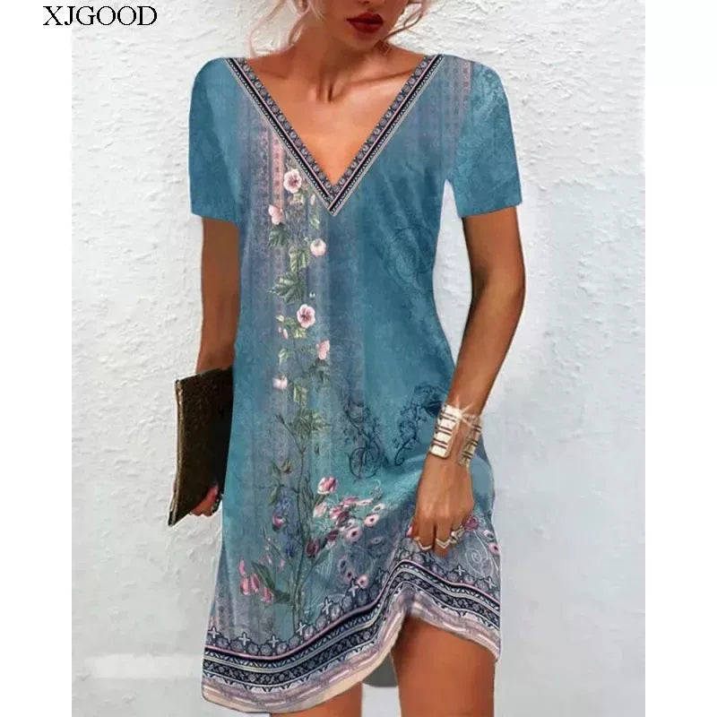 Printed V-neck Short Sleeve Women's Printed V-neck Short Sleeve Loose Dress