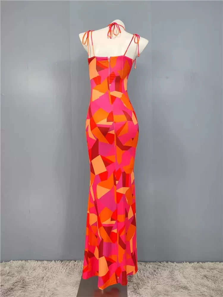 Export Pure Desire Exquisite Print Spaghetti Straps Slimming Adult Lady like Woman Fishtail Stylish Fashion Sexy Banquet Tied Dress