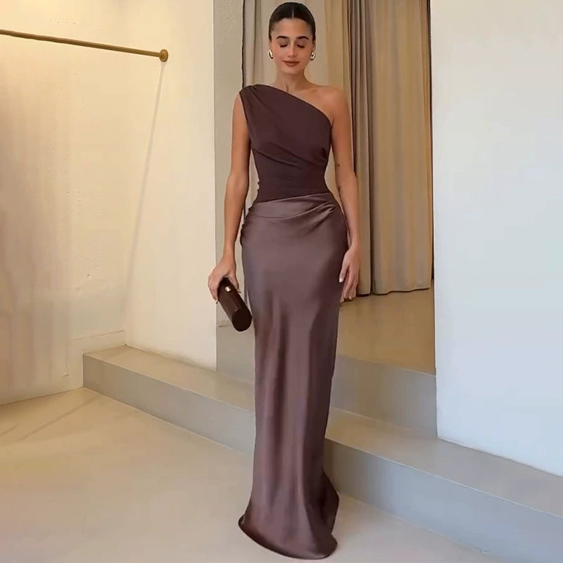 European and American New Solid Oblique Collar Sleeveless Backless Sheath Evening dress Dress Women Party Dress