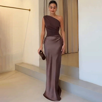 European and American New Solid Oblique Collar Sleeveless Backless Sheath Evening dress Dress Women Party Dress