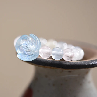 Lotus Fun Natural Stone Aquamarine Crystal Round Beads Rose Flower Extendable Rings for Women High Quality Wedding Fine Jewelry