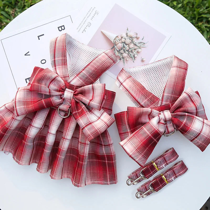 Cute Plaid Skirt Chest Strap Leash Dog Cat Vest Clothes Fighting Supplies Pet Harnesses Walking Pet Accessories Comfortable