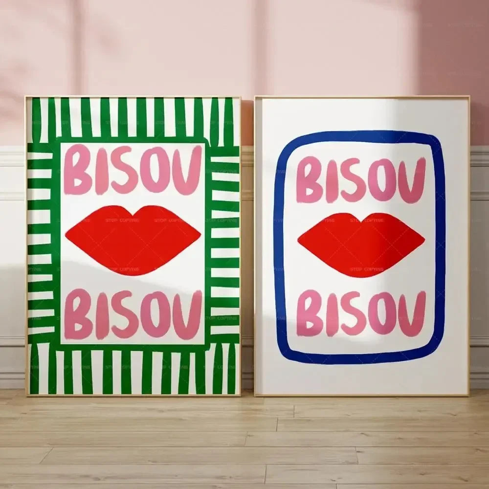 Maximalist Eclectic Posters and Prints Pink French Quotes Bisou Bisou Bonjour Bonne Nuit Wall Art Living Room Home Decor