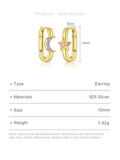 DPLAOPA Women 925 Sterling Silver Light Purple Pink Moon Star Piercing Hoop Earring Loops 2024 New Luxury Fine Casual Jewelry