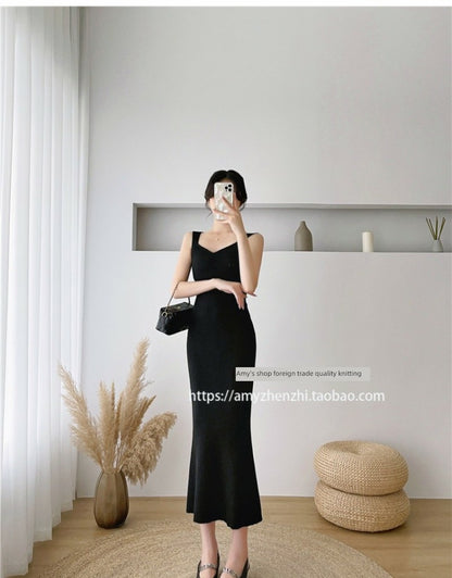 Autumn and Winter V-neck Slim-Fit Sleeveless Sling Fishtail Dress Sweater