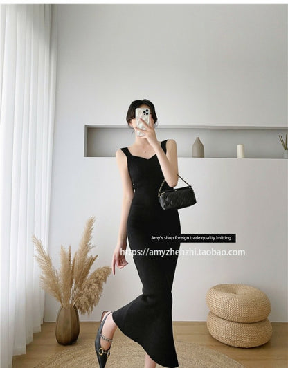 Autumn and Winter V-neck Slim-Fit Sleeveless Sling Fishtail Dress Sweater