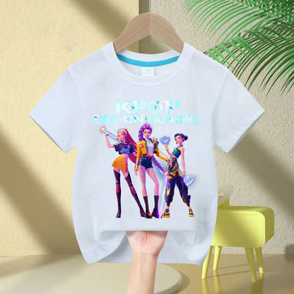 KPop Demon Hunters Rumi Zoey Mira Neck Cartoon Kids T-shirt