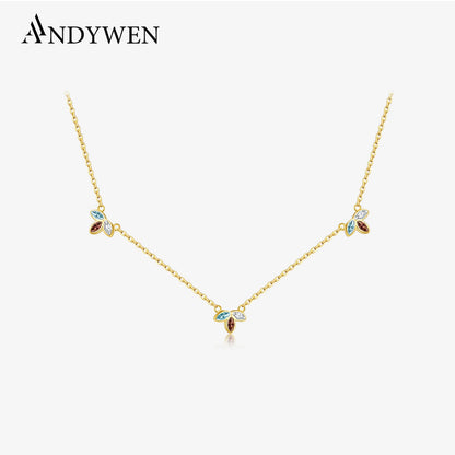ANDYWEN 925 Sterling Silver Gold Three Zircon Queen Flower Pendant Necklace Long Choker Women Wedding Luxury FineJewelry Gift