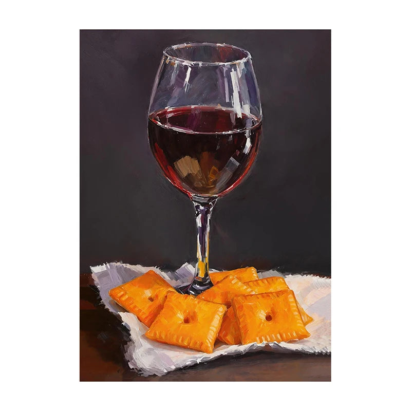 Funny Statement Piece Modern Still Life Poster Red Wine Pizza Crackers Art Print Food Wall Art Picture for Kitchen Home Decor