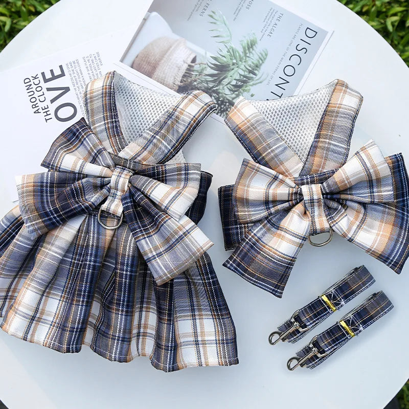 Cute Plaid Skirt Chest Strap Leash Dog Cat Vest Clothes Fighting Supplies Pet Harnesses Walking Pet Accessories Comfortable
