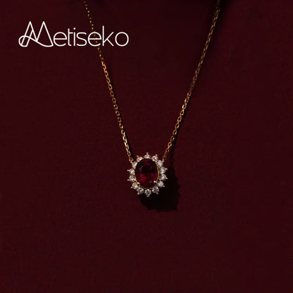 Metiseko 925 Sterling Silver Ruby Colour Chain Necklace Garnet Red Cubic Zirconia Retro Style Necklace Waterproof for Women