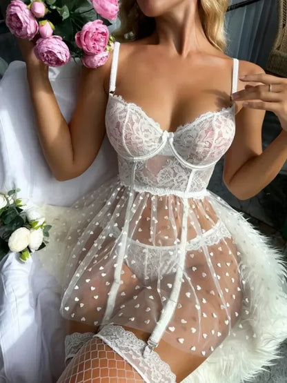 White Lace Mesh Transparent Mini with Thongs Garter Set Lingerie