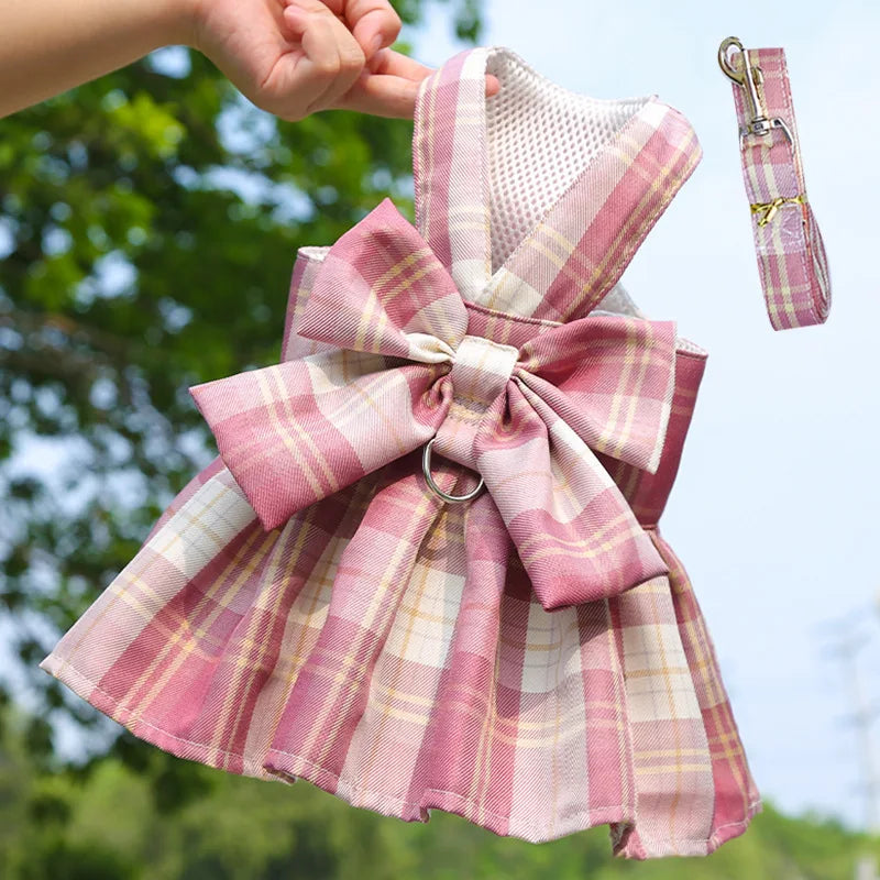 Cute Plaid Skirt Chest Strap Leash Dog Cat Vest Clothes Fighting Supplies Pet Harnesses Walking Pet Accessories Comfortable