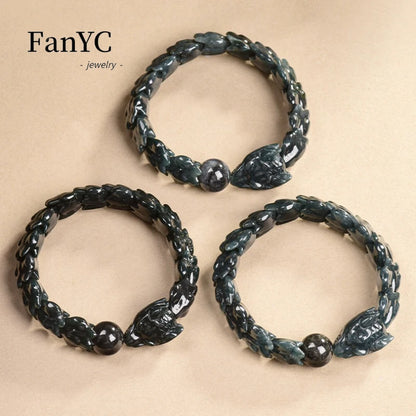 High-end Natural Burmese Jadeite Dragon Bone Bracelet with Exquisite Carving Fashionable Jewellery Gift for Men and Women