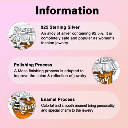 925 Sterling Silver Bee Honey jar Yellow series pandent Charm Fit Bracelet DIY Bead Ms Premium Jewelry Valentine's Birthday Gift