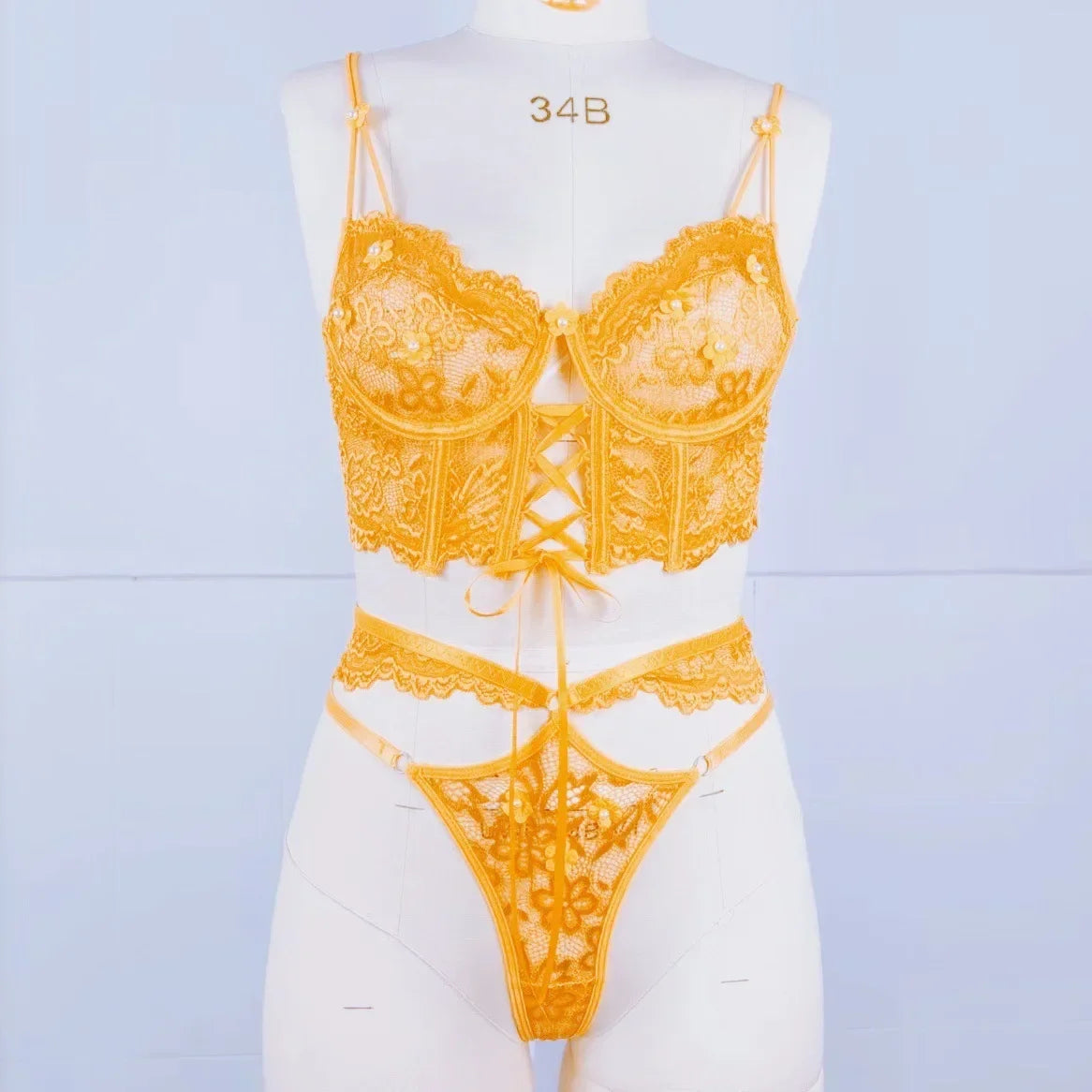 Sexy Beaded 3D Flower Hollow Out See-through Lace Up Underwear Set