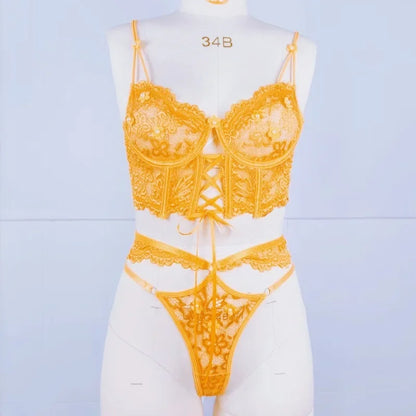 Sexy Beaded 3D Flower Hollow Out See-through Lace Up Underwear Set