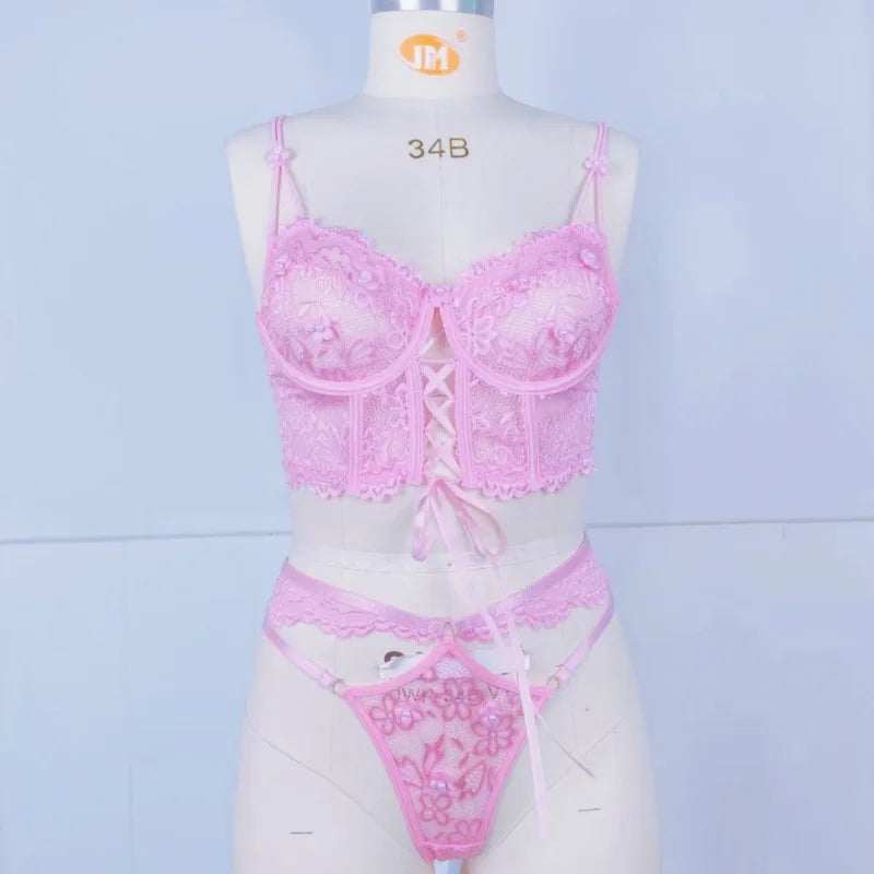 Sexy Beaded 3D Flower Hollow Out See-through Lace Up Underwear Set