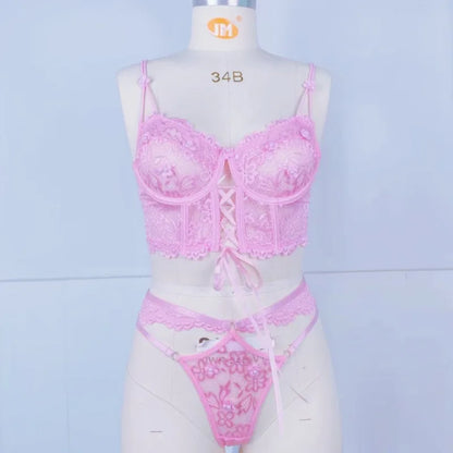Sexy Beaded 3D Flower Hollow Out See-through Lace Up Underwear Set