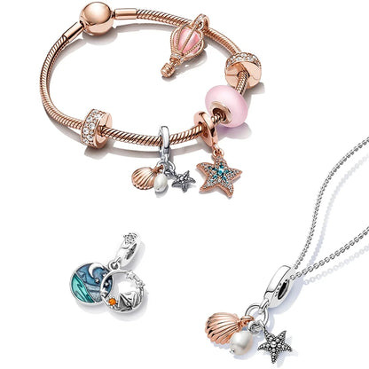 New 925 Silver Summer Ocean Series Starfish Turtle Octopus Cetacean Pendant Fit European Bracelets DIY Accessories Gifts