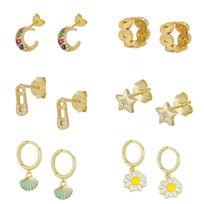 JINFU Gold Plated Earrings Set For Women Boho Style CZ Zircon Women's Clip Stud Dangle Hoop Earrings 2022 Jewelry Wholesale