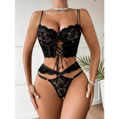 Sexy Beaded 3D Flower Hollow Out See-through Lace Up Underwear Set