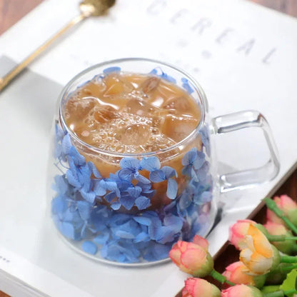 Double Wall Glass Cup 200ml Clear Flowers Pattern Milk Tea Coffee Mug with Handle Gifts Friends Home Water Cup Drinking Glasses