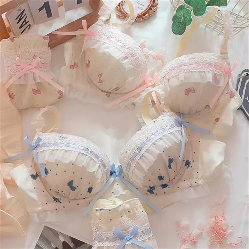 Lolita Women's Bra Set Small Breasts Gathering Up Bra Adjustable Collecting Vice Breasts No Steel Ring Bra Set