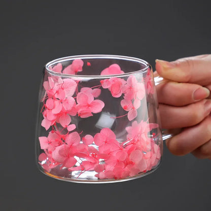 Double Wall Glass Cup 200ml Clear Flowers Pattern Milk Tea Coffee Mug with Handle Gifts Friends Home Water Cup Drinking Glasses