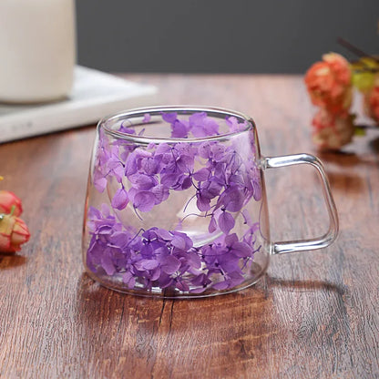 Double Wall Glass Cup 200ml Clear Flowers Pattern Milk Tea Coffee Mug with Handle Gifts Friends Home Water Cup Drinking Glasses