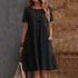 Evening Dresses Outfits Women Fashion Solid Vintage Cotton And Linen Loose Pocket Round Neck Short Sleeve