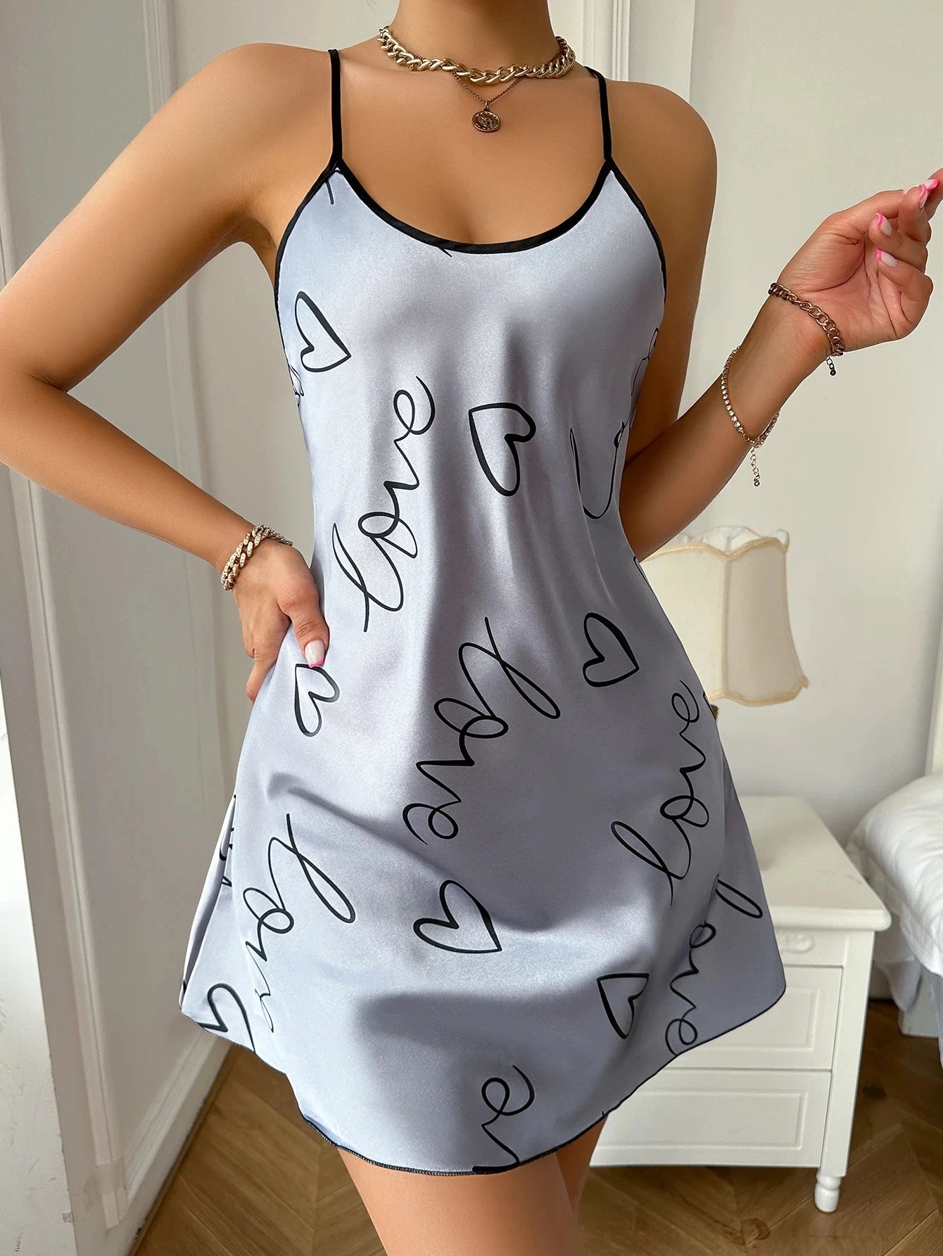 Heart Letter Print Spaghetti Strap Women's Sleepwear