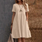 Evening Dresses Outfits Women Fashion Solid Vintage Cotton And Linen Loose Pocket Round Neck Short Sleeve