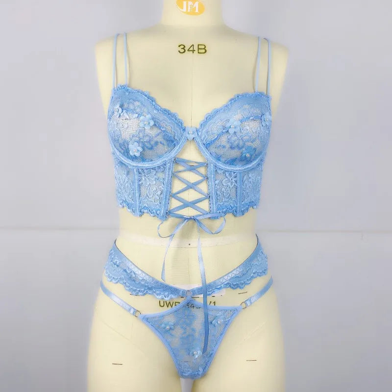 Sexy Beaded 3D Flower Hollow Out See-through Lace Up Underwear Set