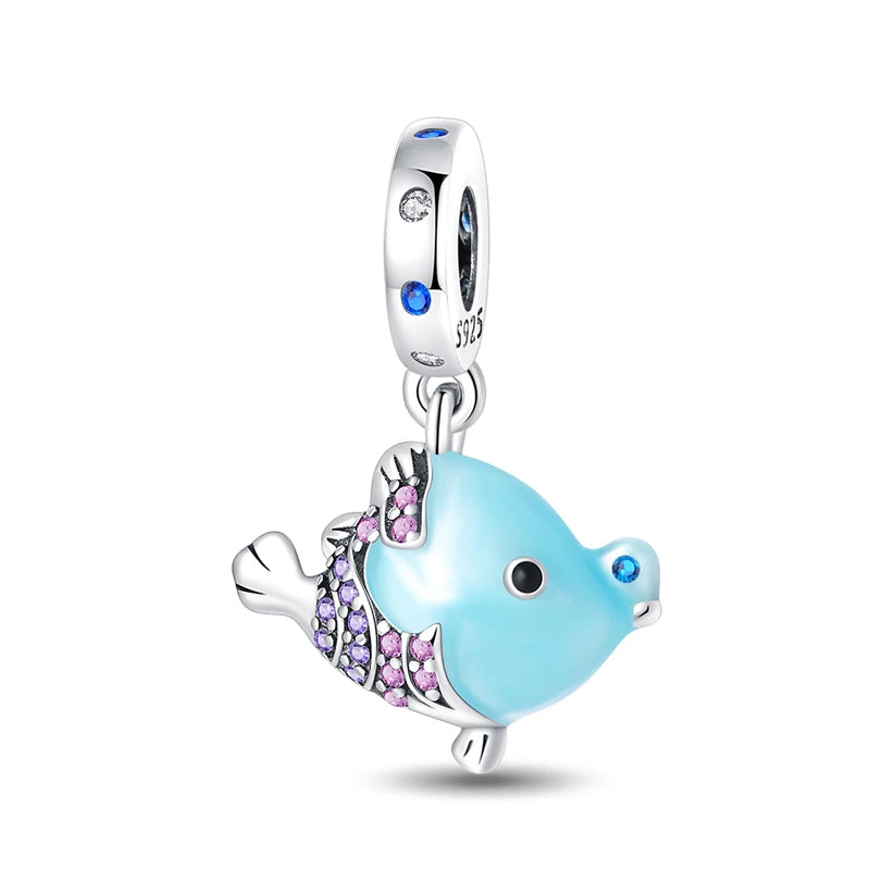 Blue Series 925 Sterling Silver Turtle,Whale & Seahorse Dangle Charm Fits Bracelet Kids Ocean Jewelry Accessories